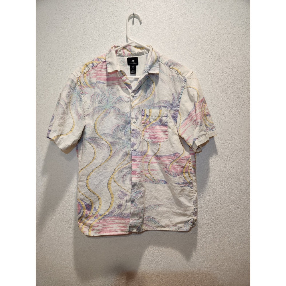 H&M Relaxed Fit Linen Blend Short‎ Sleeve Button Up Shirt Size S Summer